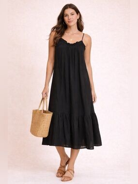 J.Crew Black Cotton Midi Dress Strappy Tiered Flowy Casual Resort S M